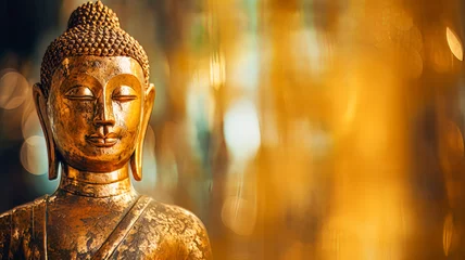 Foto op Plexiglas Metallic Buddha statue in the temple with bokeh light and garden background. © Virtual Art Studio