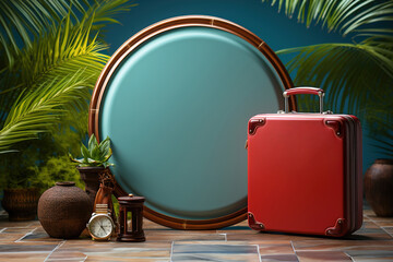 A red suitcase sitting next to a round copy space and palms. Minimalist touristic concept.