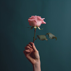 womans hand holding a single pink rose
