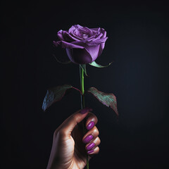 womans hand holding a single purple rose