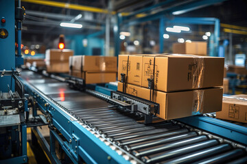Boxes on a conveyor belt in a factory or courier cargo parcel warehouse. - obrazy, fototapety, plakaty