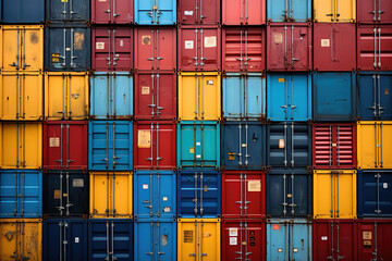 A large stack of multicolored shipping containers. Colorful background. - obrazy, fototapety, plakaty