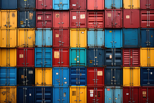 A large stack of multicolored shipping containers. Colorful background.