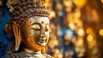 Metallic Buddha statue in the temple with bokeh light and garden background. - obrazy, fototapety, plakaty