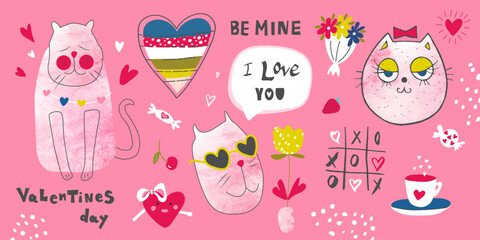 Valentine's Day, February 14.Collection of cute elements for decorating cards, banners, invitations, covers and much more.Funny kitties, handwritten inscriptions, hearts and other details