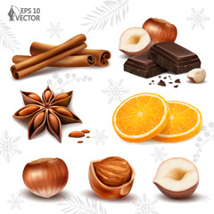 Vector set of winter spices isolated on white background. Cinnamon sticks and star anise. Dark chocolate with hazelnuts. 3D realistic food illustrations for design