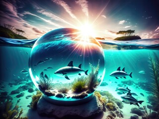 Ocean water world in a crystal ball for International Earth Day. Generative ai.