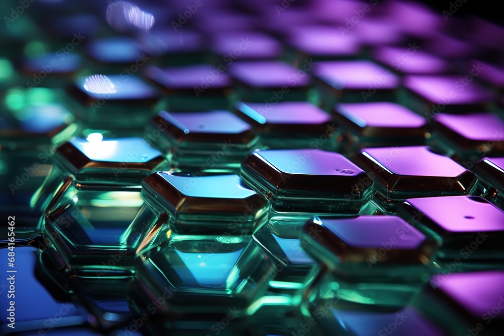Poster illustration of 3d abstract digital technology geometric hexagonal pattern background with glowing purple neon lights from sides Generative AI