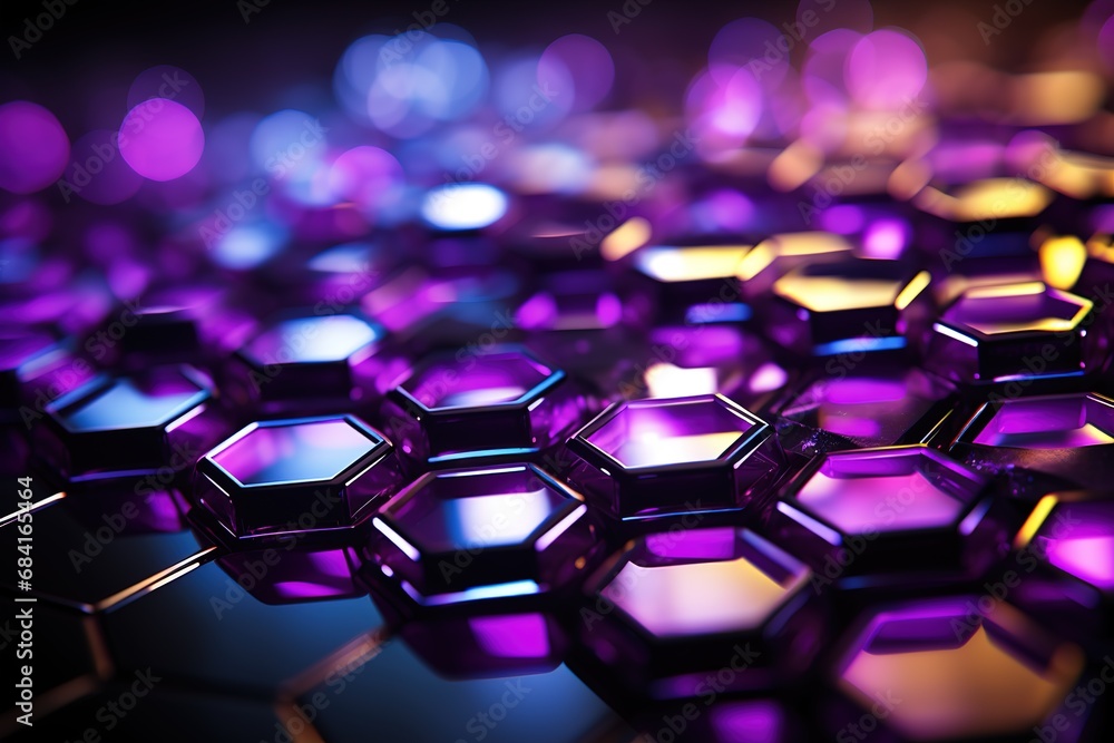 Poster illustration of 3d abstract digital technology geometric hexagonal pattern background with glowing purple neon lights from sides Generative AI