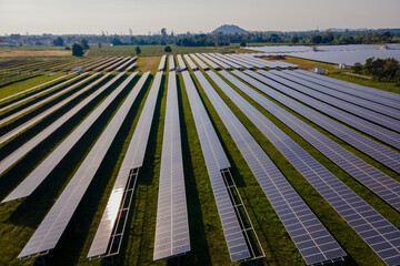 Sun power solar panel field in Thailand in the evening light, Solar panels system power generators...