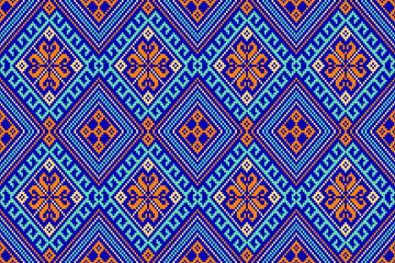 Colorful Seamless pixel pattern in tribal style. Geometric patterns, bright colors, designed for use in textiles, home decoration, backgrounds, wallpaper, cross stitch, fabric patterns.