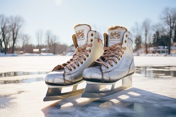 Ice skates on frozen lake outside in daytime. Generative AI.