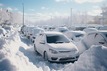 Parked cars covered snow. Generative AI. - obrazy, fototapety, plakaty