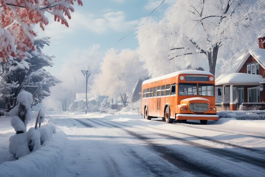 Empty School Bus Parked Outdoors, Winter Season, No People. Generative AI.