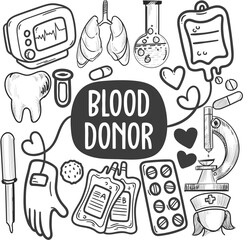 Hand Drawn Blood Donor Doodle Icons Set