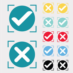 Vector tick and cross icon with red, green, yellow, black and cyan colour.