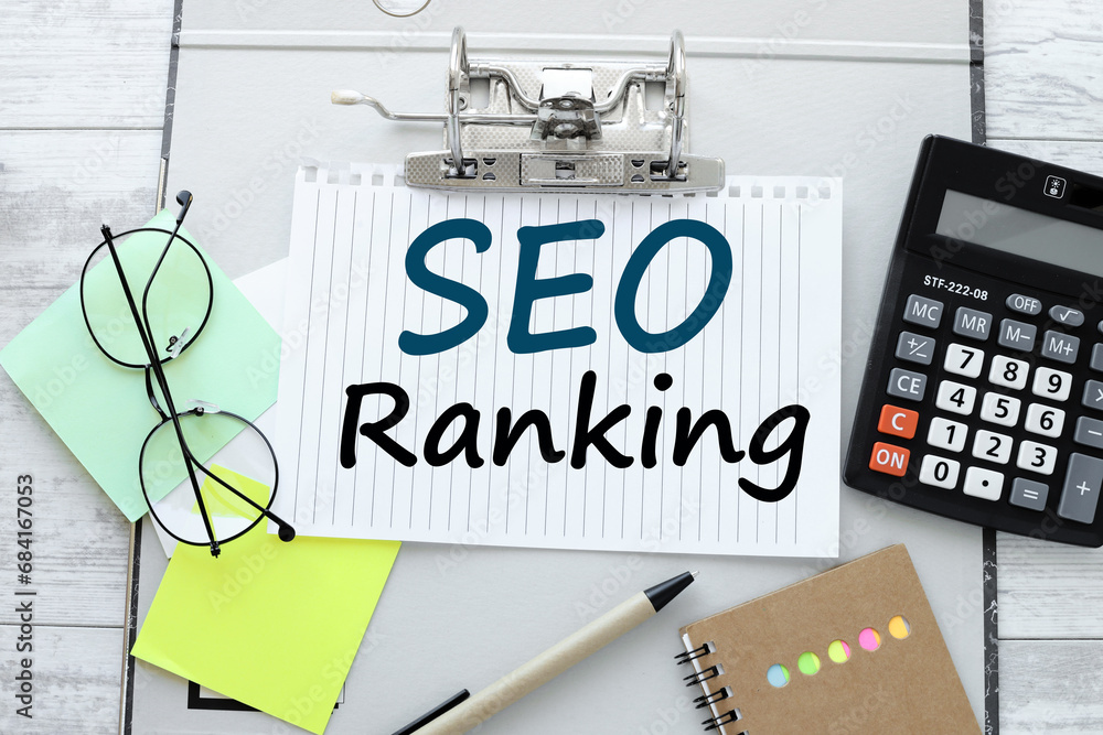 Aufkleber seo ranking top view of an open folder. text on paper