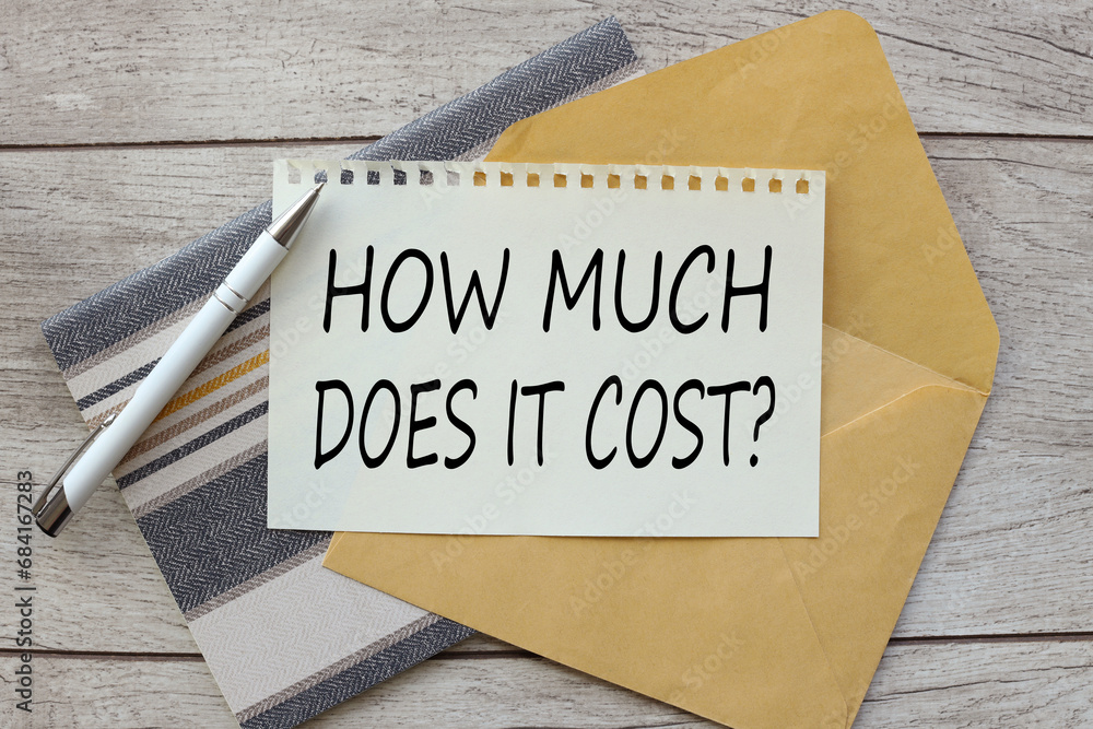Aufkleber how much does it cost? sheet of paper on an envelope on a red notepad. calendar. text