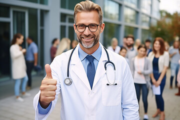 Portrait of successful doctor in lab coat and glasses smiling at the camera, showing thumbs up. - obrazy, fototapety, plakaty