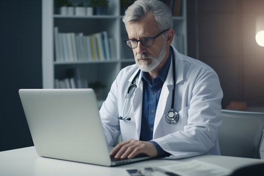 Doctor working with his laptop in a hospital office. Medical concept, health.