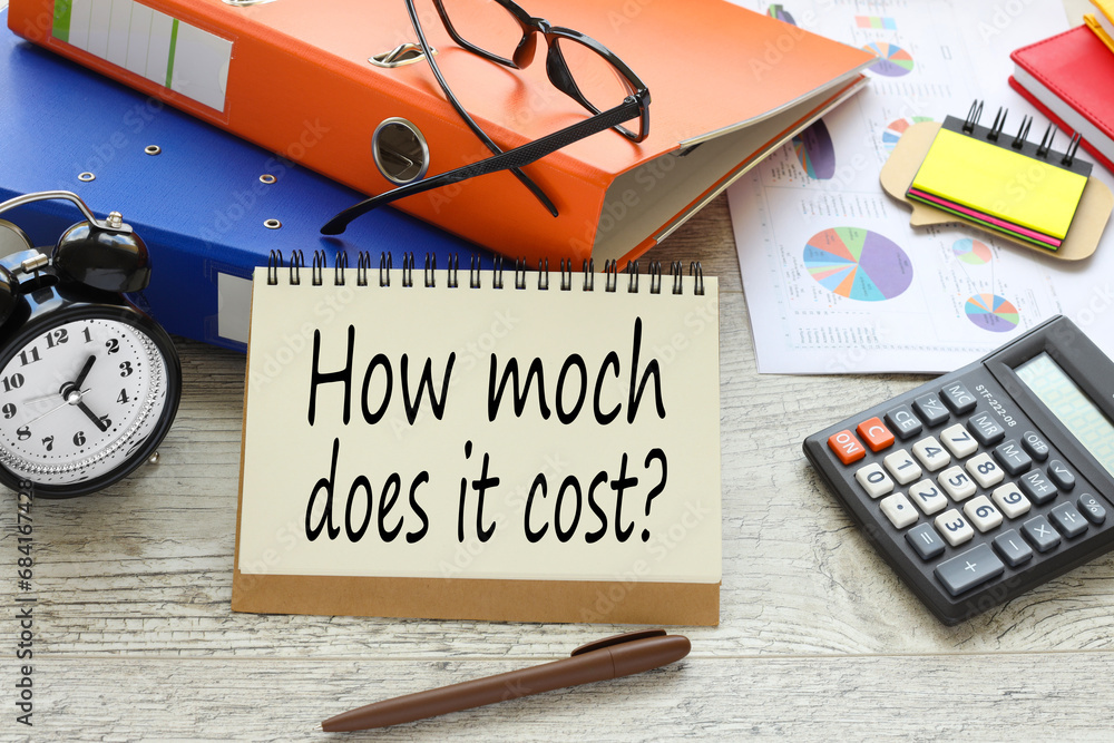 Aufkleber how much does it cost. text concept on sheet with notepad and calculator.