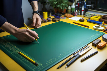 Two hands over a cutting mat and many tools and supplies around it. View from above. Copy space. - obrazy, fototapety, plakaty