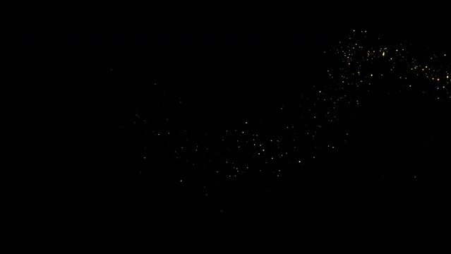 4K Golden particles and sparkles. Christmas gold glitters. Bokeh lights. 3D glowing dust trail. Logo revealer. Intro animation. Isolated on black.