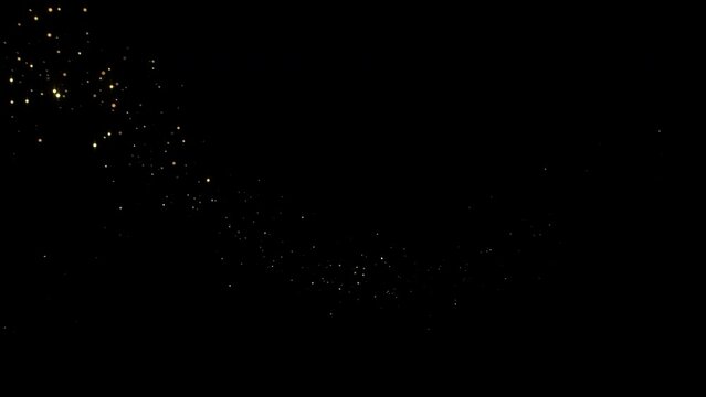 4K Golden particles and sparkles. Christmas gold glitters. Bokeh lights. 3D glowing dust trail. Logo revealer. Intro animation. Isolated on black.