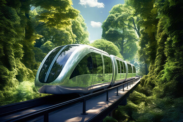 Speed train transit in the tunnel surrounded with green trees and ecology plants eco system background.