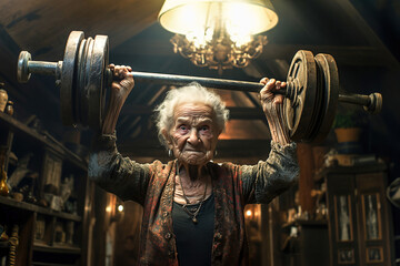 An older woman lifting a barbell over her head. Group of people applaud her.