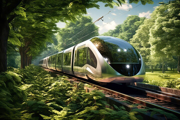 Speed train transit in the tunnel surrounded with green trees and ecology plants eco system background.
