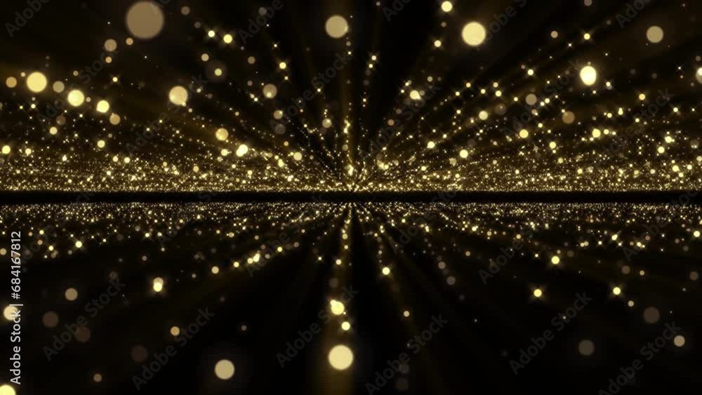 Poster 4k tunnel gold color digital particles dots and line and movement. holiday abstract background. 3d a