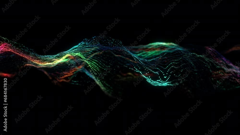 Poster 4k wavy lines. neon particles. flowing lines. abstract background. isolated on black. 60 fps seamles