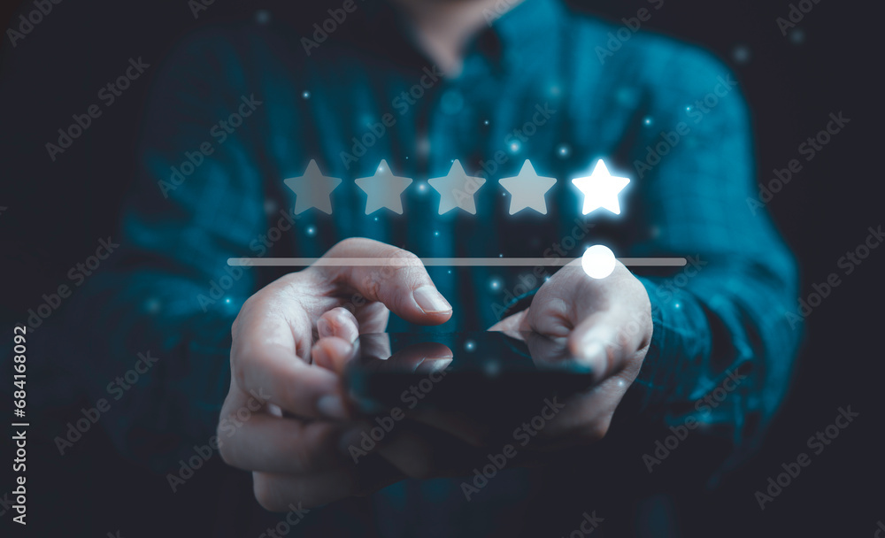 Poster client holding smartphone to review feedback to give five stars rating for customer evaluation and b