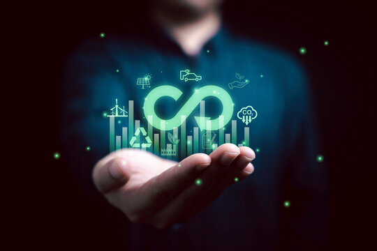 Infinity icon on graph chart with environmental icon for circular economy to sustainable development growth business earning profit and environment reservation concept.