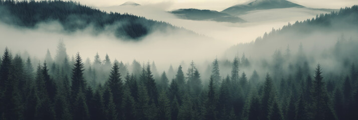 green forest. A deep fog drifts over the layers of mountains and deep forests. 10:3 ratio suitable for banners. Concept of natural environment protection and natural healing. - obrazy, fototapety, plakaty