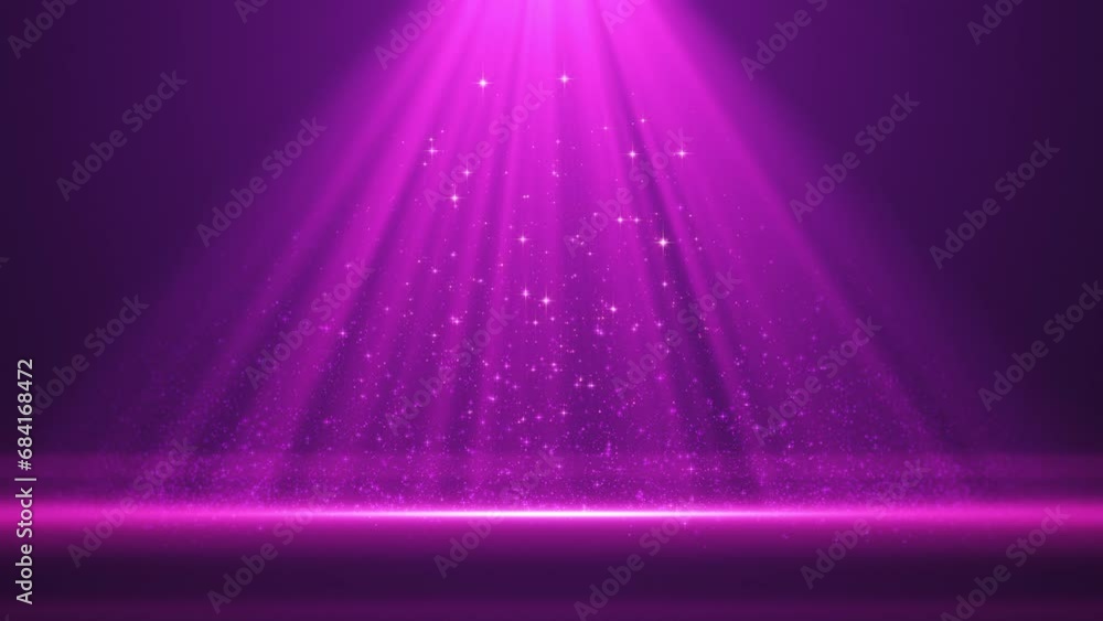 Poster 4k spotlight with flying particles. purple color rays. empty scene with light for product. xmas back