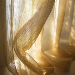 Light dances through golden translucent curtains, creating an ethereal and magical ambiance in the space