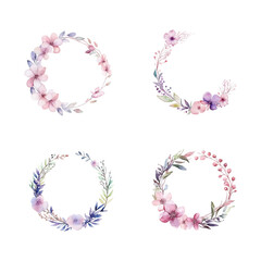 set of watercolor round flower frame illustrations, template wedding invitation card