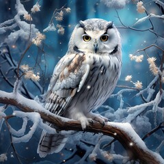 Enchanting snowy owl exuding elegance on a snowy branch, illuminated by a starry night sky