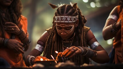A tribal woman adorned in traditional jewelry and attire attends to a ritual ceremony with candlelight