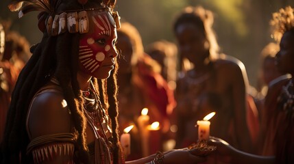 Fototapeta na wymiar An indigenous woman adorned in traditional makeup and headdress holding ritual candles