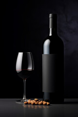 A black wine bottle with blank label with a nearby glass of wine and nuts, on a dark background. Mock up, copy space