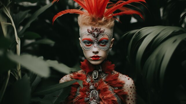 Woman with artistic exotic bird-inspired makeup and headpiece posing in a tropical setting