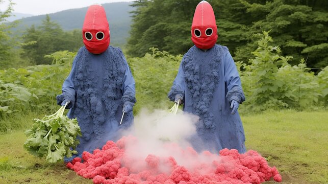 Two individuals in blue outfits and red masks amid vibrant red smoke in a green landscape