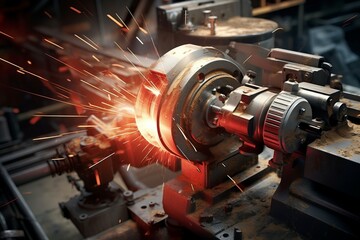 Close-up view of a lathe machine, with metal shavings and sparks flying as it precisely shapes a piece of metal - obrazy, fototapety, plakaty