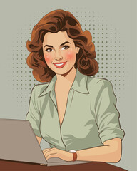 Retro Comic Illustration of a Happy Businesswoman on Laptop