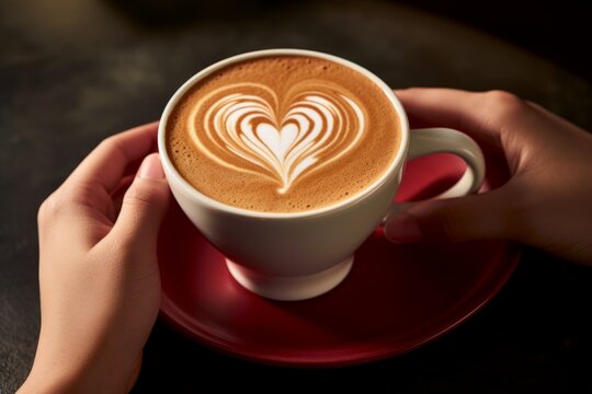 Close-up of a woman's hands holding a cup of coffee with a latte art masterpiece, featuring a meticulously crafted heart shape atop a creamy cappuccino