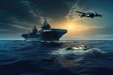 Water drone near a large military ship - obrazy, fototapety, plakaty