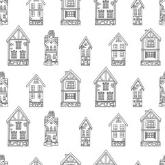 Seamless pattern doodle houses on white background. Vector illustration. Hand drawn outline drawing.